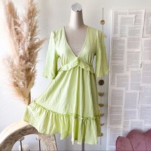 SHEIN Light Green V Neck Ruffle Trim Puckered Texture Mini Dress